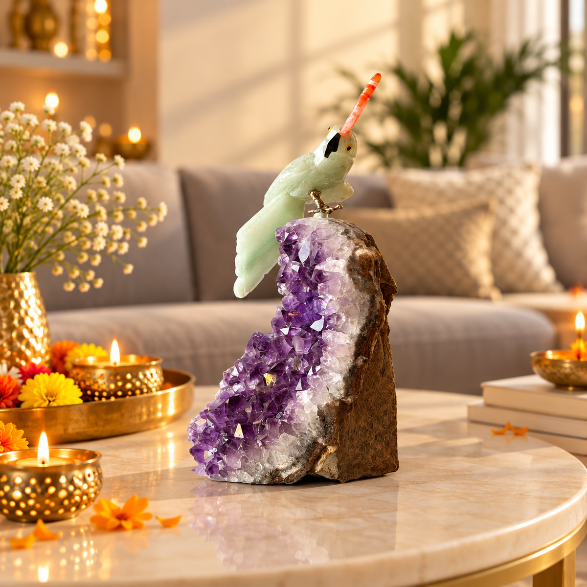 Aurevia Green Jade & Amethyst Gemstone Bird – Brown Agate Crown Crystal Parrot Home Décor, Prosperity & Harmony Symbol