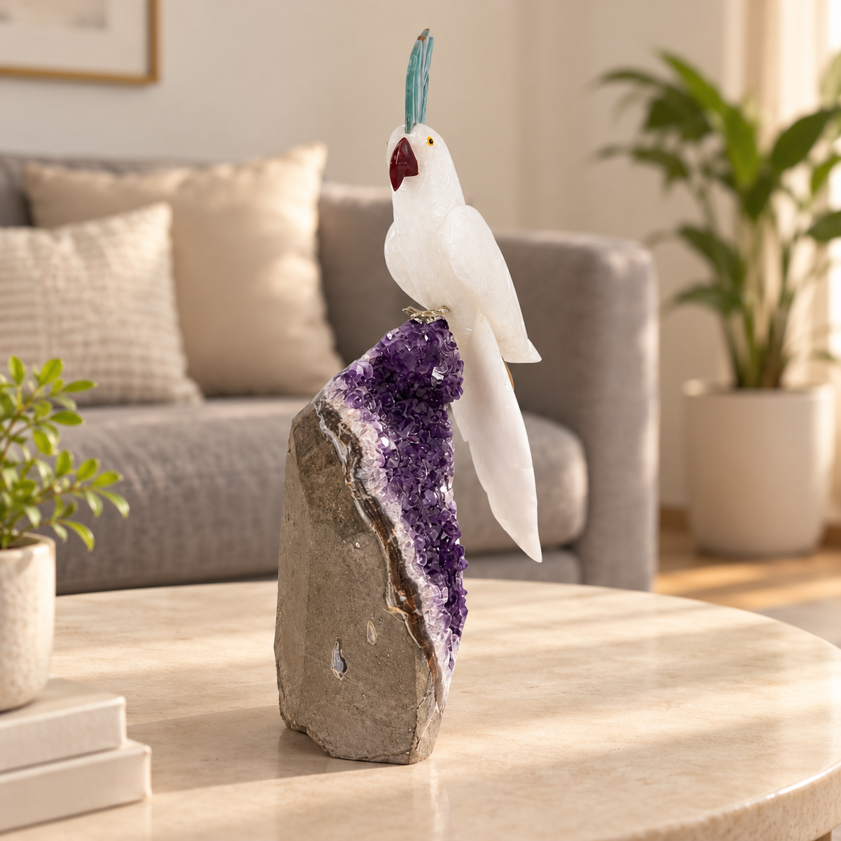 Aurelia Amethyst Gemstone Bird – White Quartz Crystal Parrot Home Décor, Peace & Clarity Symbol, 14.5 Inch, 3.400 kg