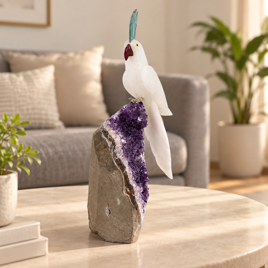 Aurelia Amethyst Gemstone Bird – White Quartz Crystal Parrot Home Décor, Peace & Clarity Symbol, 14.5 Inch, 3.400 kg