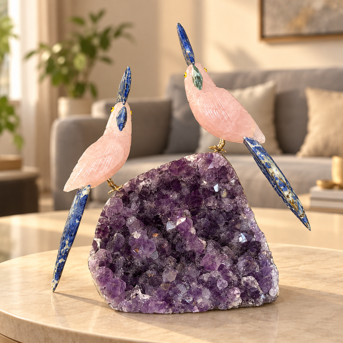 Aurevia Rose Quartz Duo Gemstone Birds – Crystal Bird Home Décor, Love & Harmony Symbol, 8 Inch, 1.5 kg
