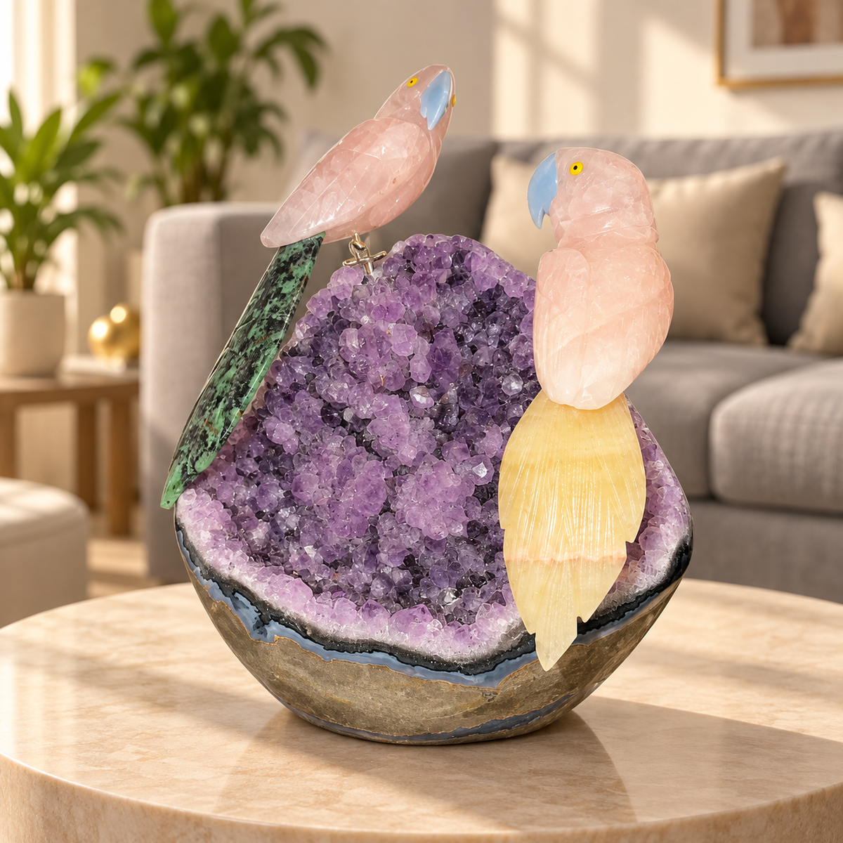 Aurevia Amethyst Dual Gemstone Birds – Rose Quartz Crystal Parrot Home Décor, Love & Harmony Symbol, 8 Inch, 2.496 kg