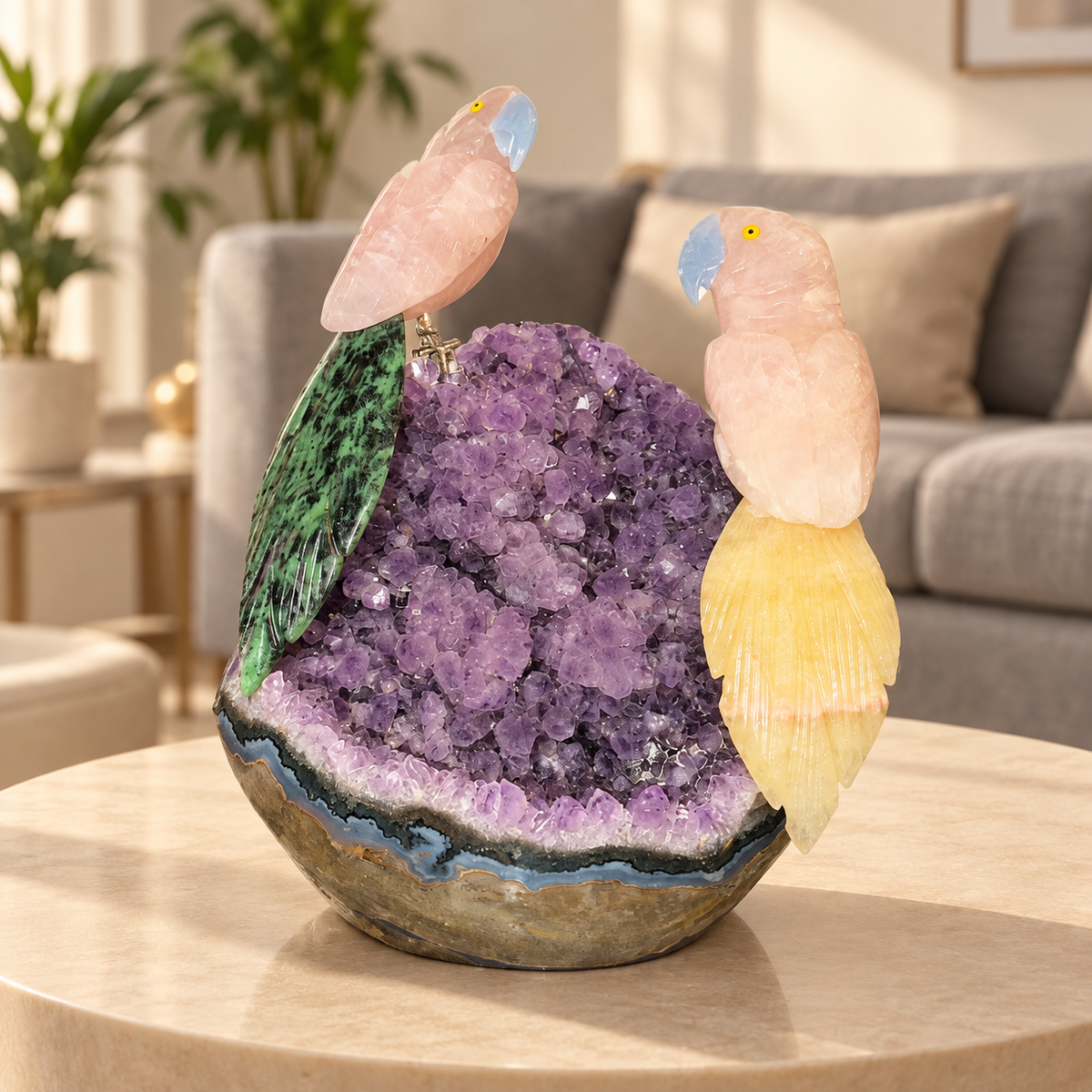 Aurevia Amethyst Dual Gemstone Birds – Rose Quartz Crystal Parrot Home Décor, Love & Harmony Symbol, 8 Inch, 2.496 kg