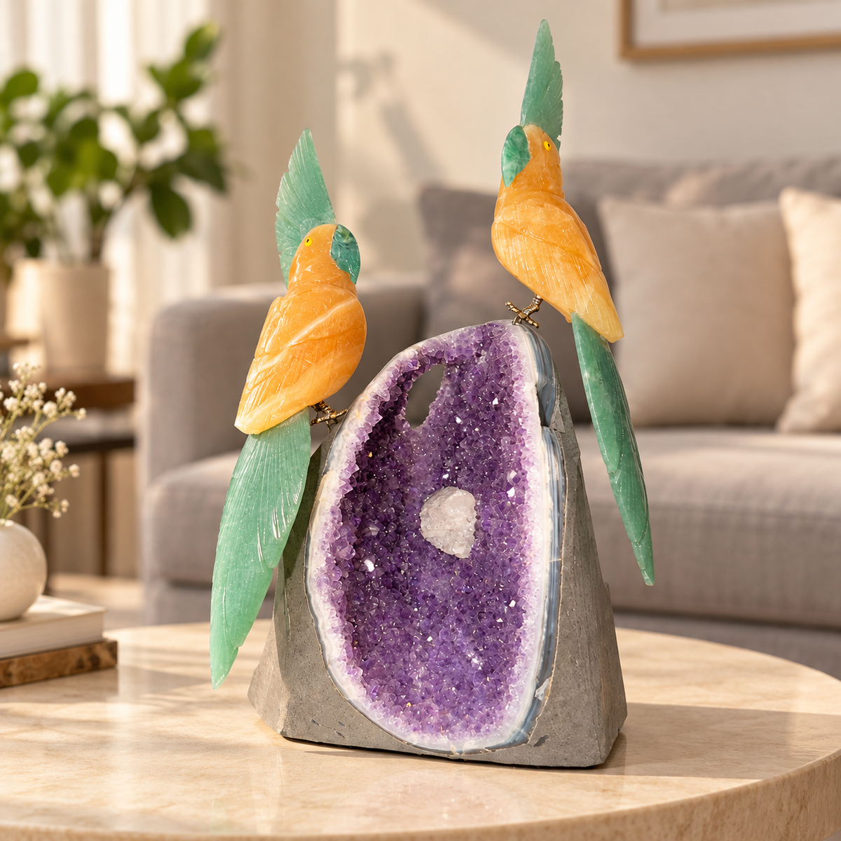 Aurelia Amethyst Gemstone Bird Pair – Yellow Calcite & Green Jade Crystal Parrot Home Décor, Prosperity & Harmony Symbol, 10 Inch, 2.184 kg