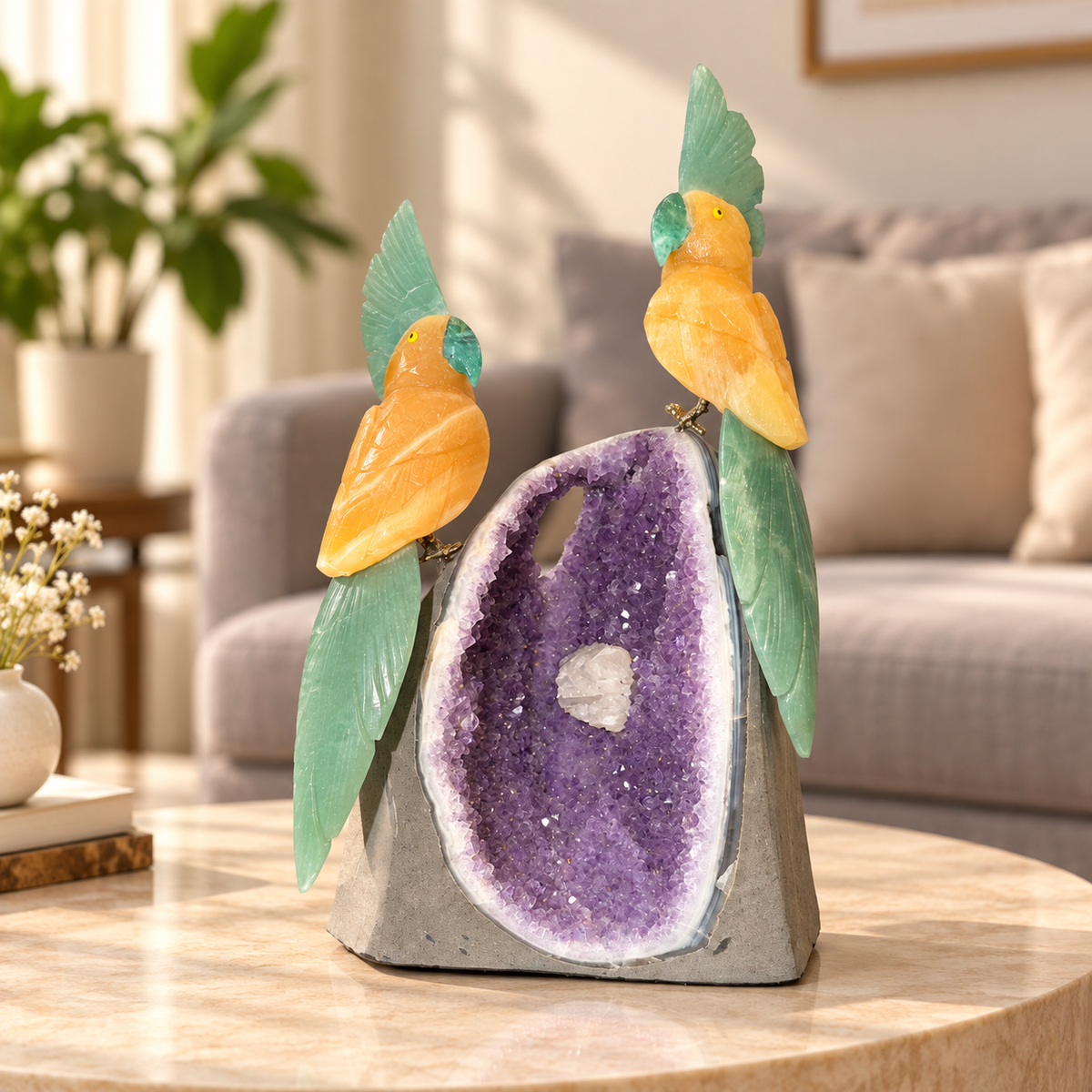 Aurelia Amethyst Gemstone Bird Pair – Yellow Calcite & Green Jade Crystal Parrot Home Décor, Prosperity & Harmony Symbol, 10 Inch, 2.184 kg
