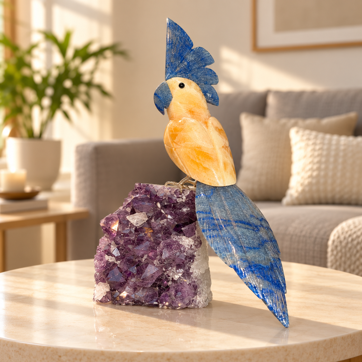 Aurevia Amethyst Gemstone Bird – Yellow Calcite & Blue Sodalite Crystal Parrot Home Décor, Positivity & Harmony Symbol | 10 Inch, 1.6 kg