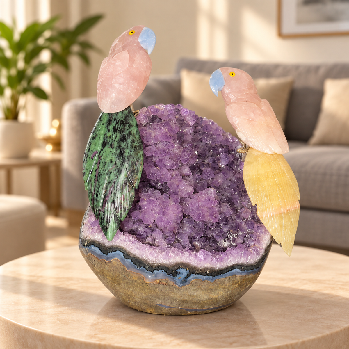 Aurevia Amethyst Dual Gemstone Birds – Rose Quartz Crystal Parrot Home Décor, Love & Harmony Symbol, 8 Inch, 2.496 kg