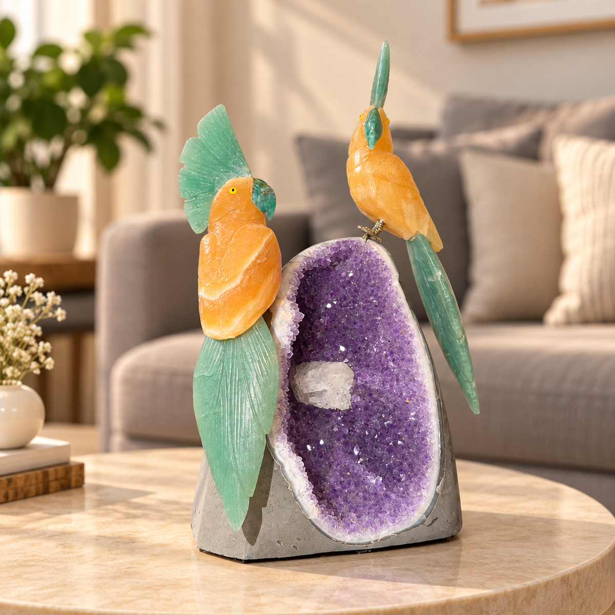Aurelia Amethyst Gemstone Bird Pair – Yellow Calcite & Green Jade Crystal Parrot Home Décor, Prosperity & Harmony Symbol, 10 Inch, 2.184 kg