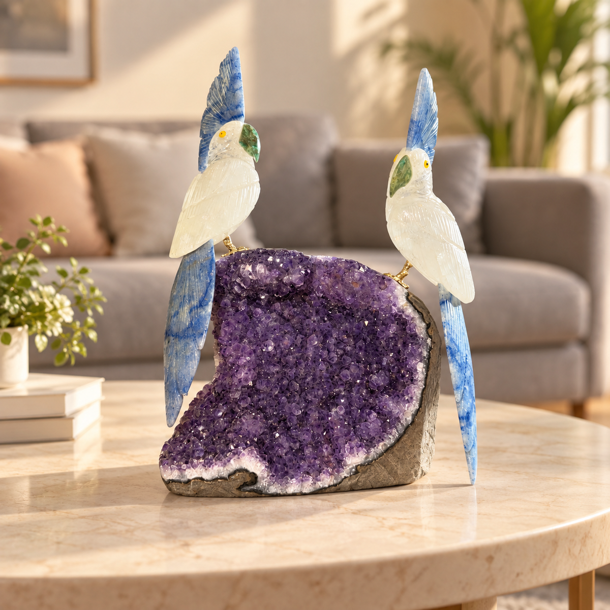 Aurevia Clear Quartz Duo Gemstone Birds – Lapis Lazuli Crystal Bird Home Décor on Amethyst, Clarity & Wisdom Symbol, 8.1 Inch, 1.2 kg