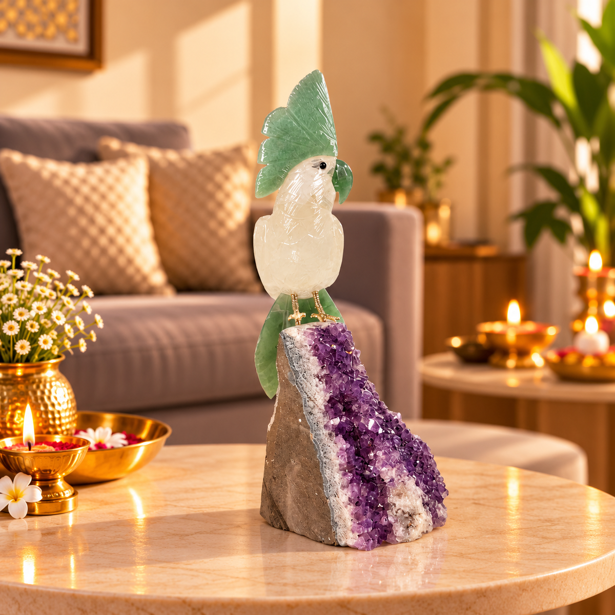 Jadevia Amethyst Gemstone Bird – Clear Quartz & Green Jade Crystal Parrot Home Décor, Prosperity & Harmony Symbol 9.5 inch, 1.35 Kg