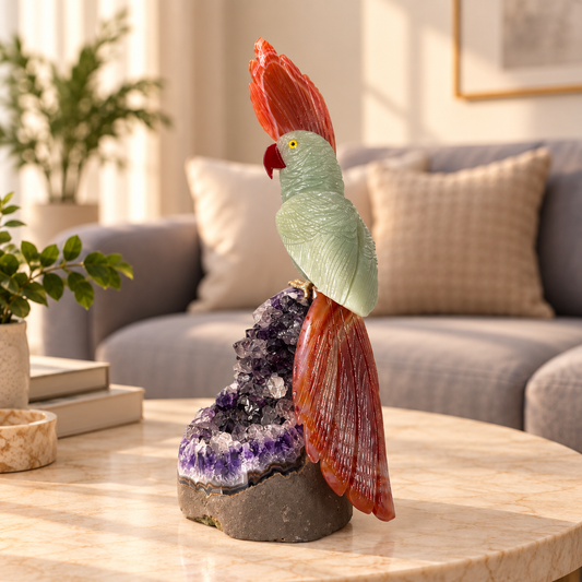 Aurevia Green Jade Gemstone Bird – Brown Agate Crystal Parrot on Amethyst Base, Prosperity & Grounding Symbol | 9.5 Inch, 1.2kg