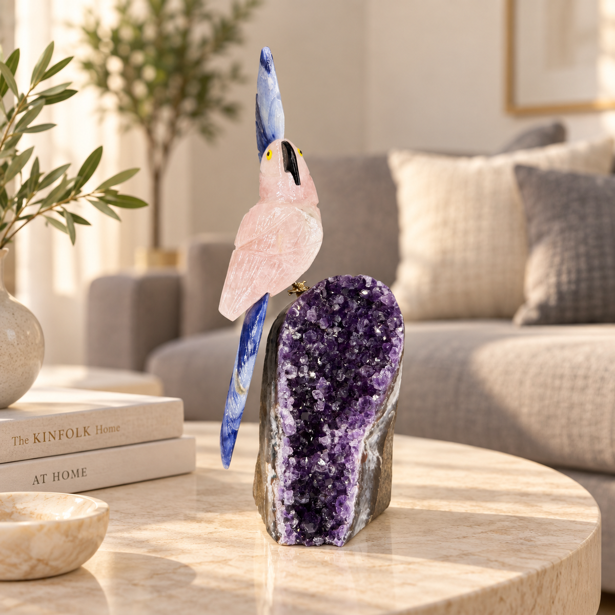Aurevia Rose Quartz Gemstone Bird – Blue Sodalite Crystal Parrot on Amethyst Base, Love & Harmony Symbol, 8 Inch, 0.756 kg