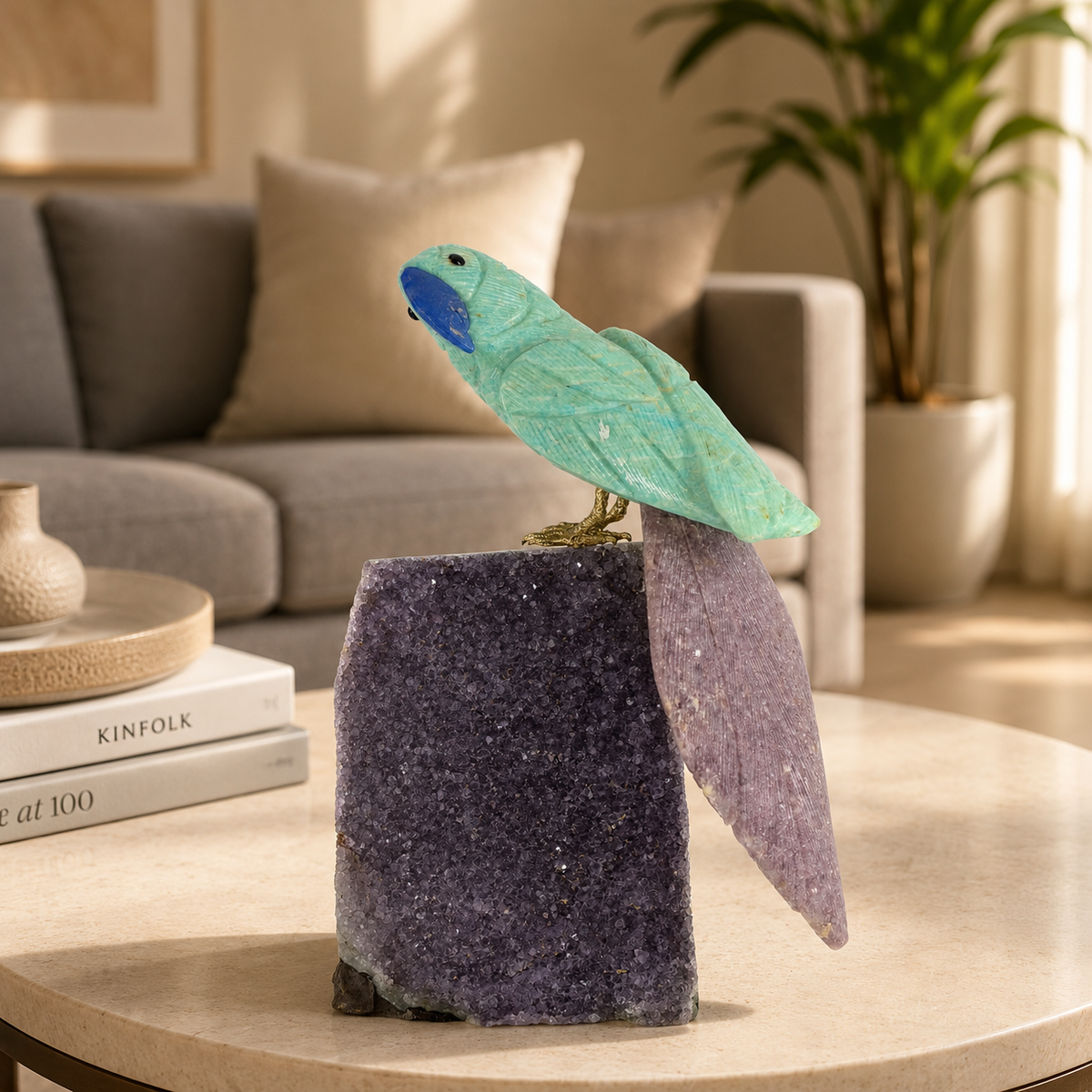 Aurevia Amazonite & Pink Stone Gemstone Bird – Crystal Parrot Home Décor on Amethyst Base, Calm & Harmony Symbol