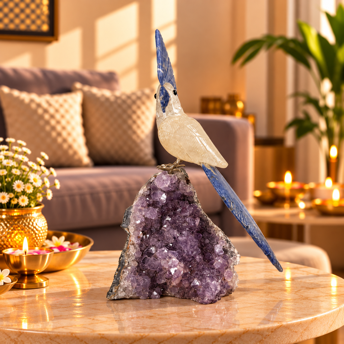 Clarvia Amethyst Gemstone Bird – Clear Quartz & Blue Sodalite Crystal Parrot Home Décor, Clarity, Wisdom & Harmony Symbol 10 inch, 1.1 Kg