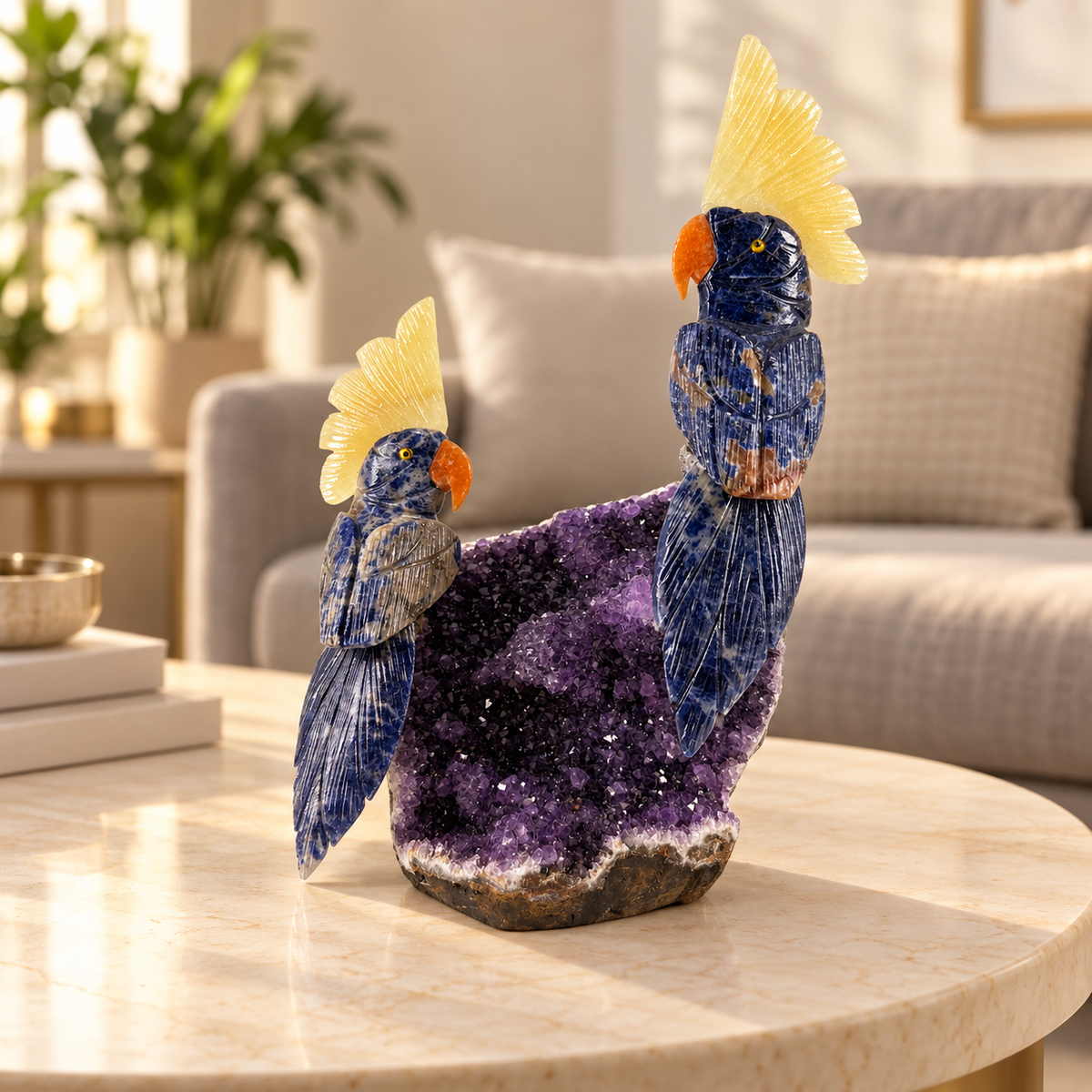 Sodalvia Duo Blue Sodalite Gemstone Birds – Crystal Parrot Pair on Amethyst, Yellow Calcite Crown, Wisdom & Harmony Symbol, 9 Inch, 1.9 kg