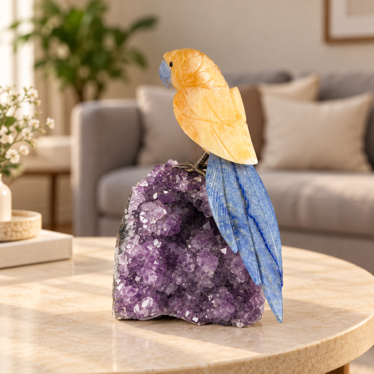 Aurevia Yellow Calcite Gemstone Bird – Lapis Lazuli Crystal Parrot on Amethyst Base, Positivity & Wisdom Symbol, 8 Inch, 1.9 kg