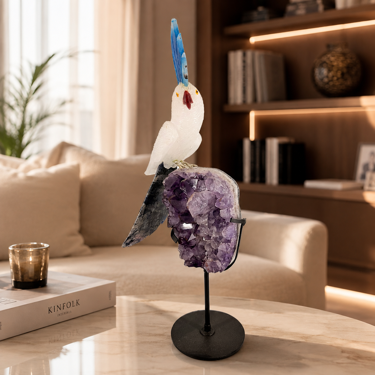 Aurecrest White Quartz Gemstone Bird – Crystal Parrot Home Décor, Purity & Calm Symbol | Amethyst Base | 11 Inch, 1.2 kg