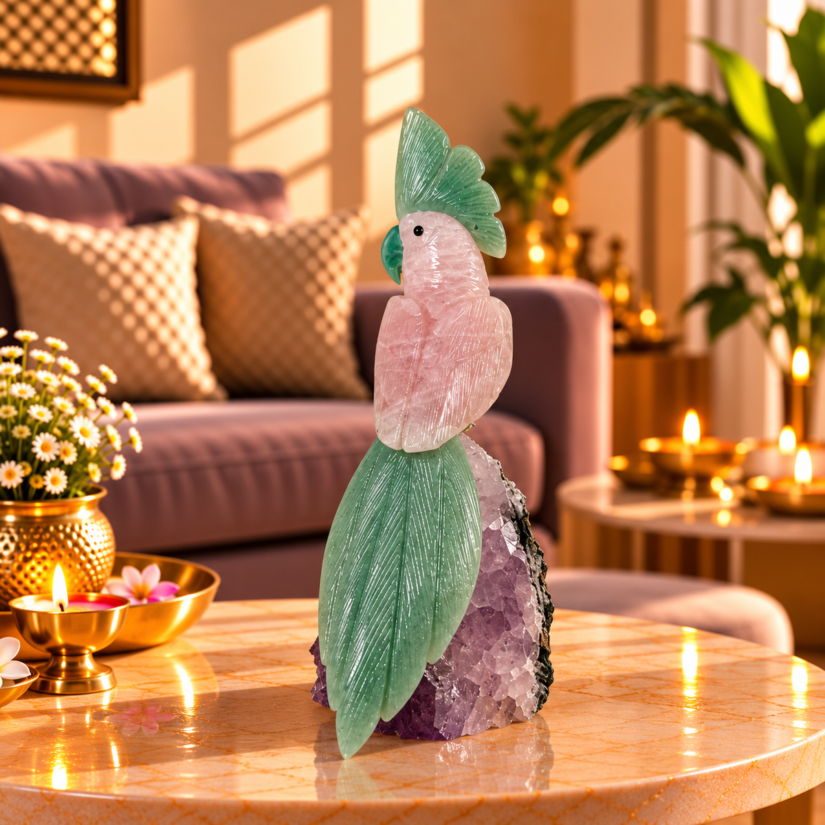 Rosjade Amethyst Gemstone Bird – Rose Quartz & Green Jade Crystal Parrot Home Décor, Love, Prosperity & Harmony Symbol 9.5 Inch, 1.2 Kg