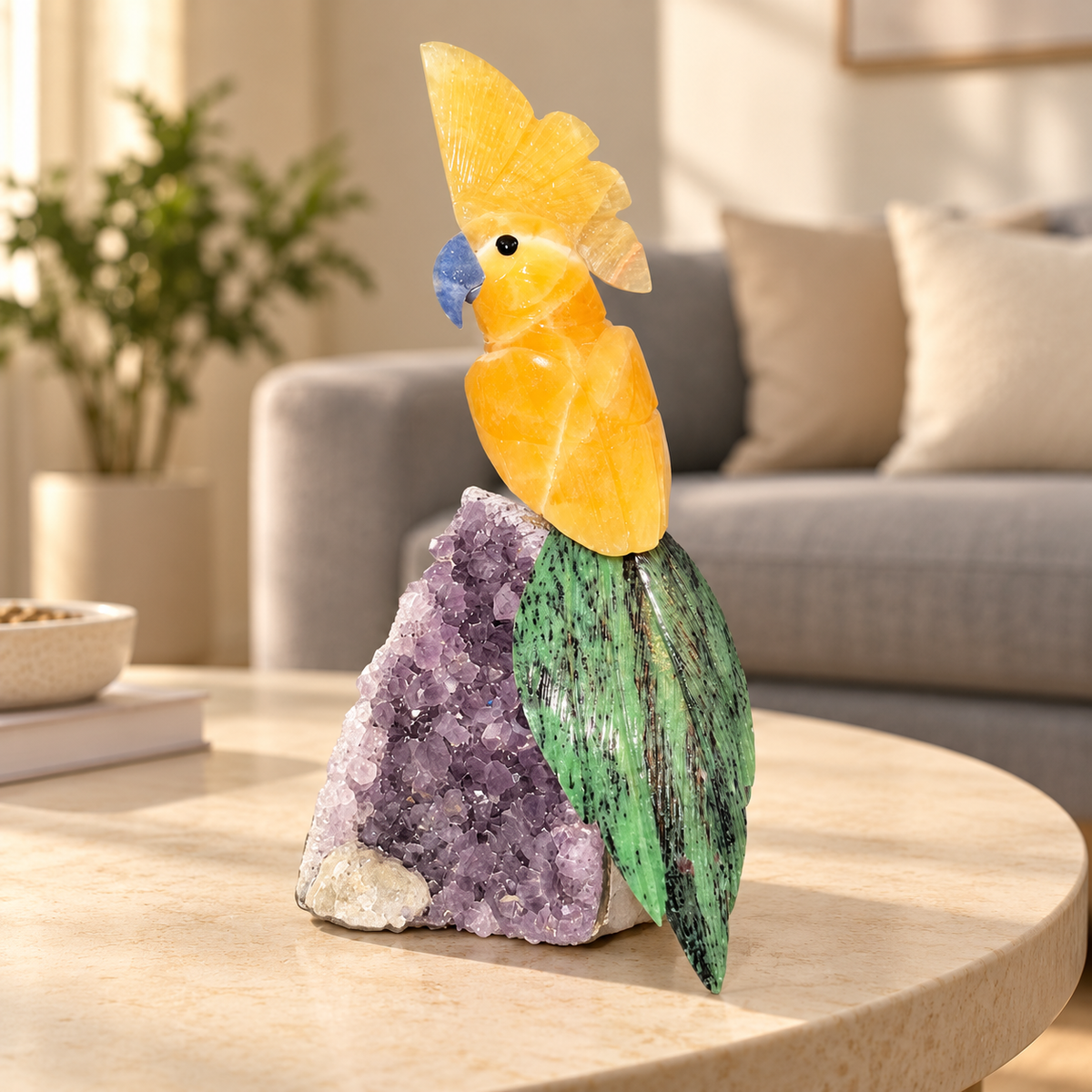 Aurevia Amethyst Gemstone Bird – Yellow Calcite Crystal Parrot Home Décor, Positivity & Prosperity Symbol