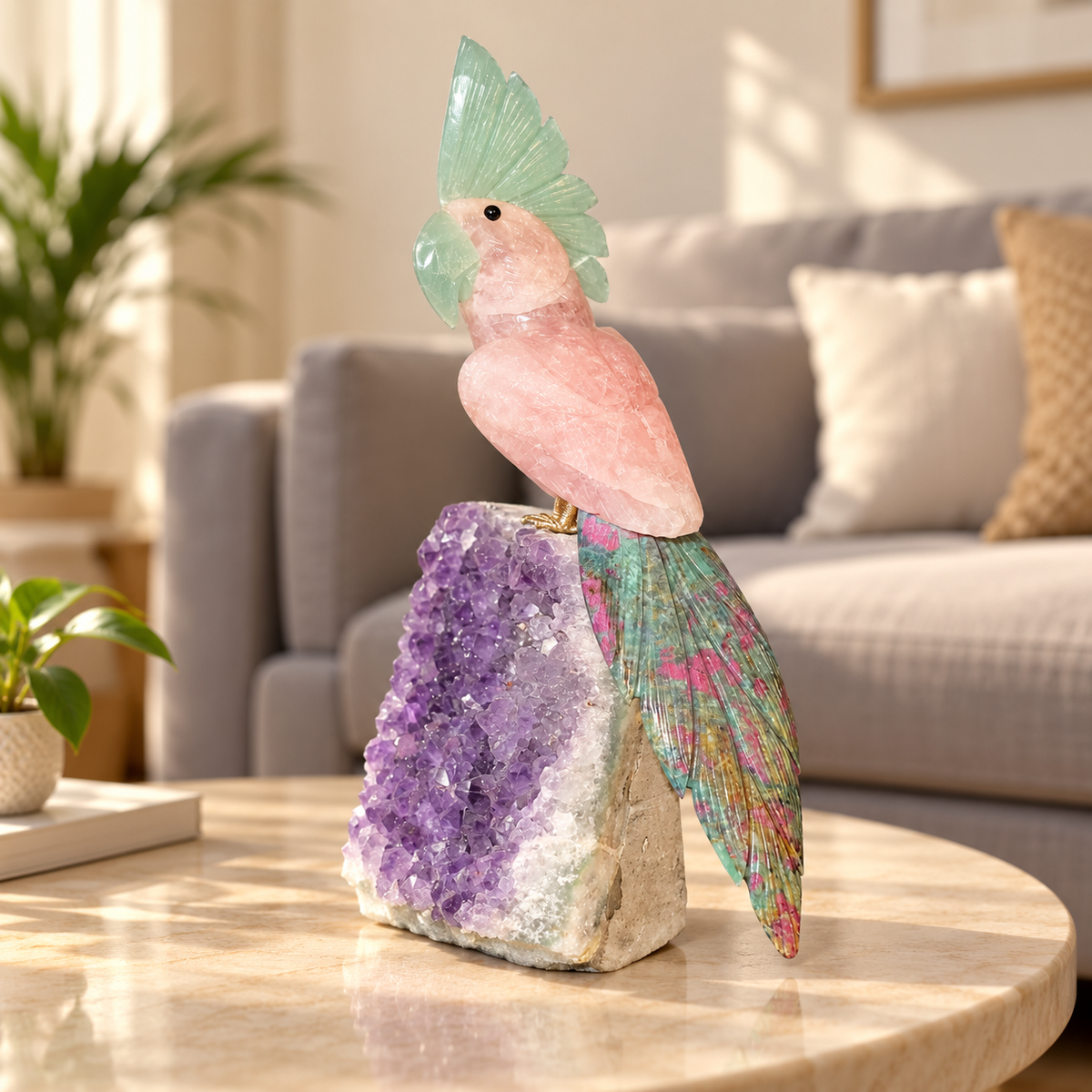 Aurevia Amethyst Gemstone Bird – Rose Quartz Crystal Parrot Home Décor, Love & Harmony Symbol