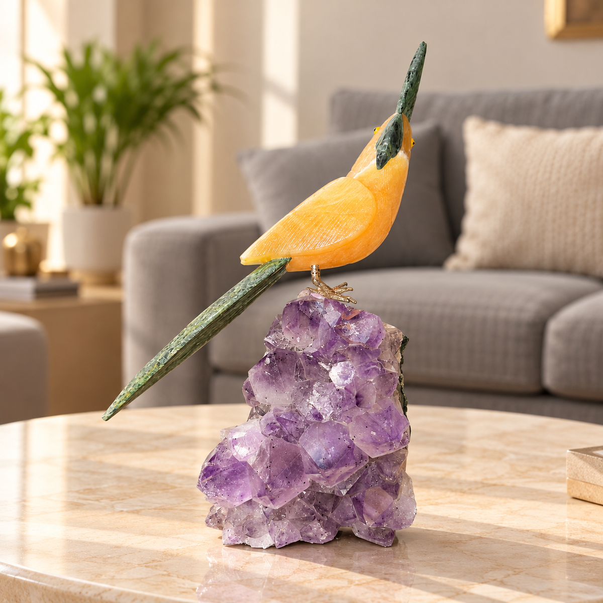 Aurevia Amethyst Gemstone Bird – Yellow Calcite & Ruby Zoisite Crystal Parrot Home Décor, Positivity & Harmony Symbol, 9.5 Inch, 1.630 kg
