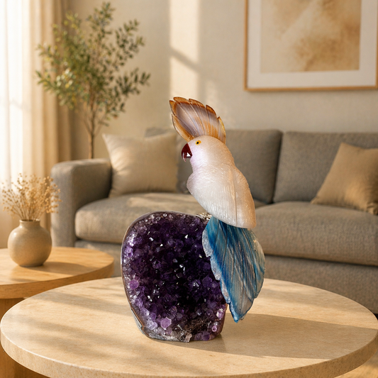 Aurelune Amethyst Gemstone Bird – White Quartz & Blue-Golden Agate Crystal Parrot Décor, Clarity & Prosperity Symbol (9 Inch, 1.5 kg)