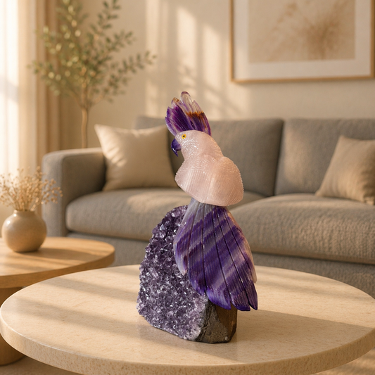 Amoriva Amethyst Gemstone Bird – Rose Quartz & Banded Purple Crystal Parrot Décor, Love & Harmony Symbol (9 Inch, 1.8 kg)