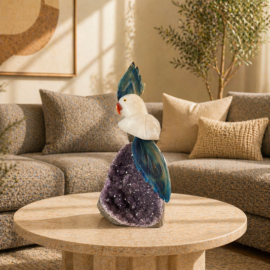 Celestara Amethyst Gemstone Bird – White Quartz & Blue Agate Crystal Parrot Décor, Clarity & Balance Symbol (9.5 Inch, 1.5 kg)