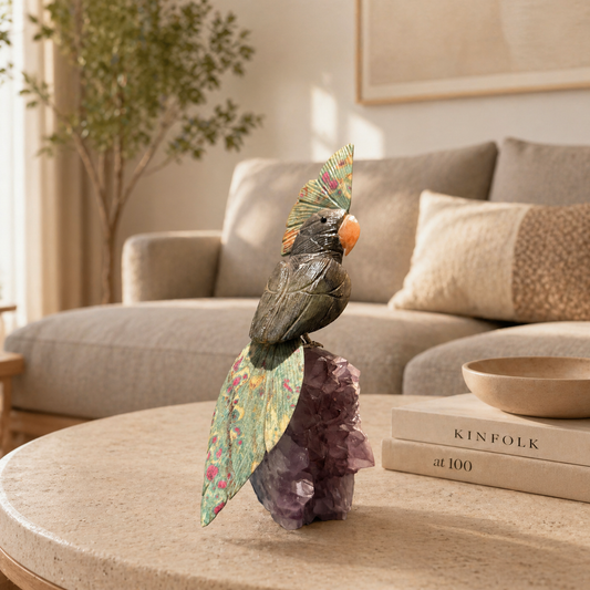 Zenvira Black Tourmaline Gemstone Bird – Ruby Zoisite Crown Crystal Parrot Décor, Protection & Vitality Symbol (10.5 Inch, 1.5 kg)