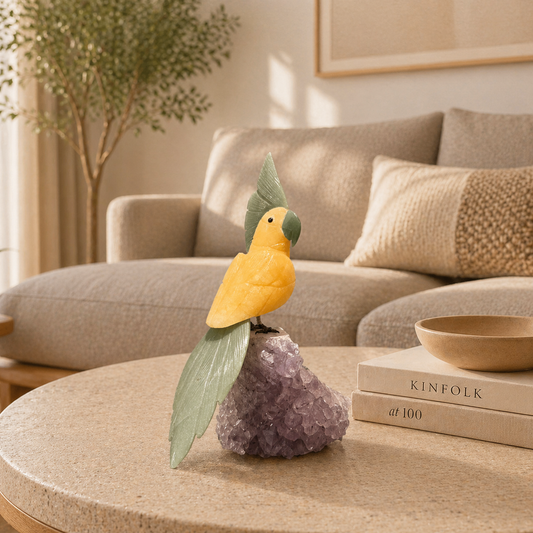 Solmira Yellow Calcite Gemstone Bird – Green Jade Crown Crystal Parrot Décor, Joy & Prosperity Symbol (9.5 Inch, 1.5 kg)