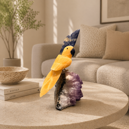 Solmira Amethyst Gemstone Bird – Yellow Calcite & Blue Sodalite Crystal Parrot Décor, Joy & Clarity Symbol (9.2 Inch, 1.5 kg)