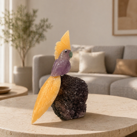 Solviera Amethyst Gemstone Bird – Yellow Calcite Crest Crystal Parrot Décor, Calm & Positivity Symbol (10 Inch, 1.7 kg)