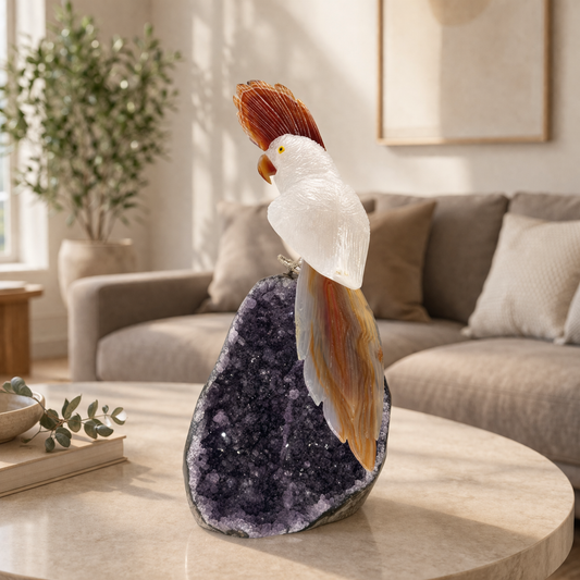 Auralis Quartz Gemstone Bird – Brown Agate Crown & Tail on Amethyst Base, Harmony & Clarity Décor (8 Inch, 1.5 kg)