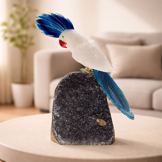 Celestara Quartz Gemstone Bird – Blue Agate Crest Crystal Parrot Décor, Serenity & Clarity Symbol (9 Inch, 2 kg)