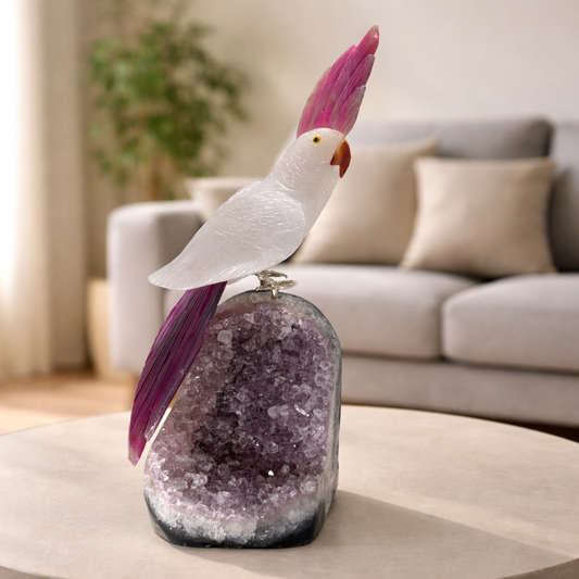 Serenique White Quartz Gemstone Bird – Pink Agate Crest Crystal Parrot Décor, Harmony & Love Symbol (9.5 Inch, 1.7 kg)