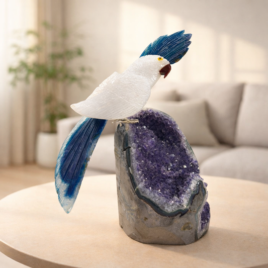 Celestara Amethyst Gemstone Bird – White Quartz & Blue Agate Crystal Parrot Décor, Serenity & Focus Symbol (9 Inch, 1.8 kg)