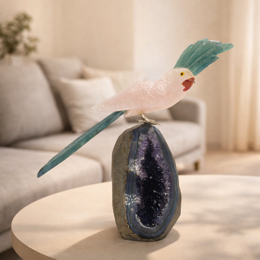 Elyndra White Quartz Gemstone Parrot – Green Agate Tail Décor, Balance & Growth Symbol (9 Inch, 1.4 kg)