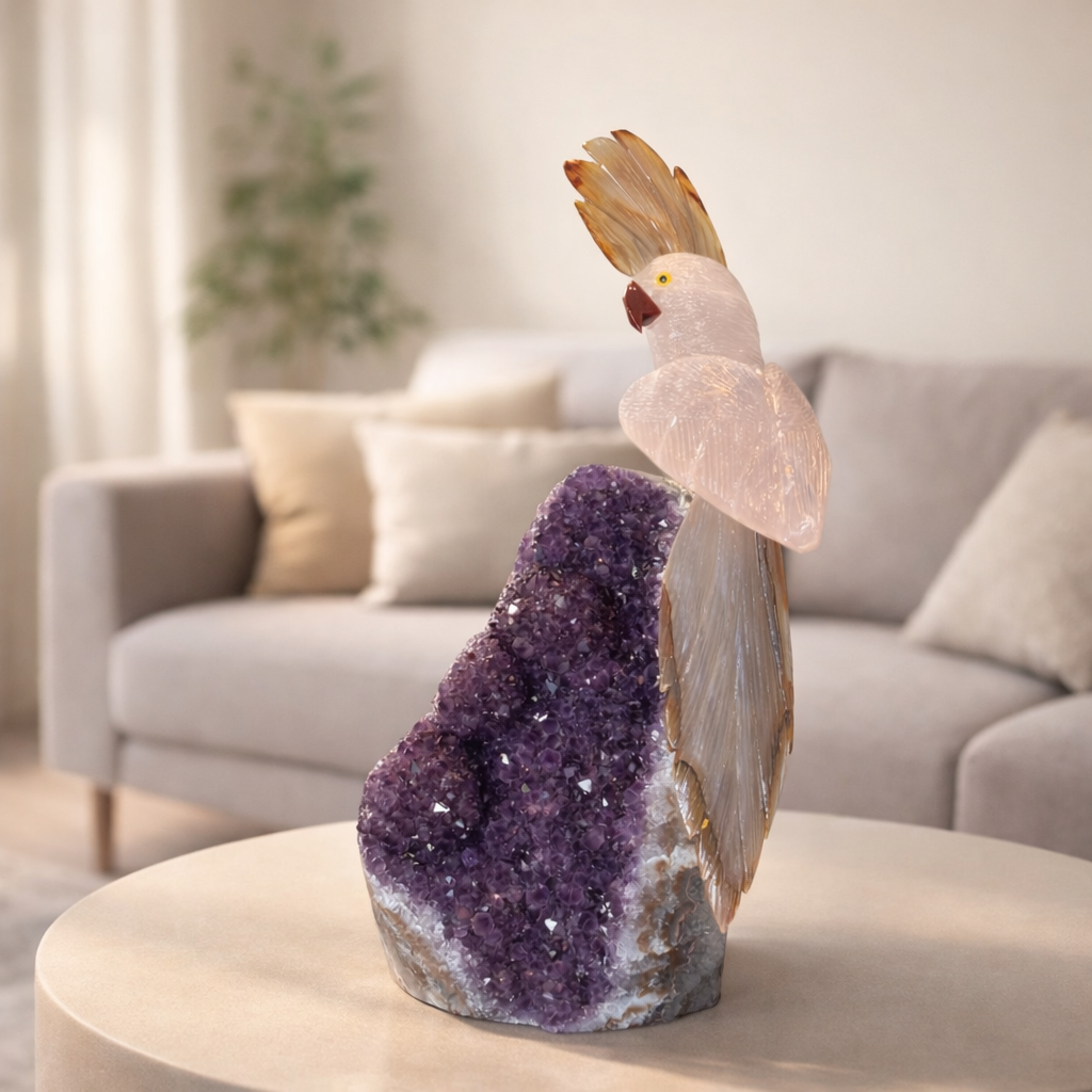 Rosévia Amethyst Gemstone Bird – Crystal Cockatoo Home Décor, Love & Grounding Symbol | 13.5 Inch, 5 kg