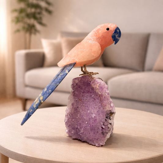 Roselle Amethyst Gemstone Bird – Rose Quartz Parrot Décor, Love & Harmony Symbol (7.9 Inch, 1 kg)