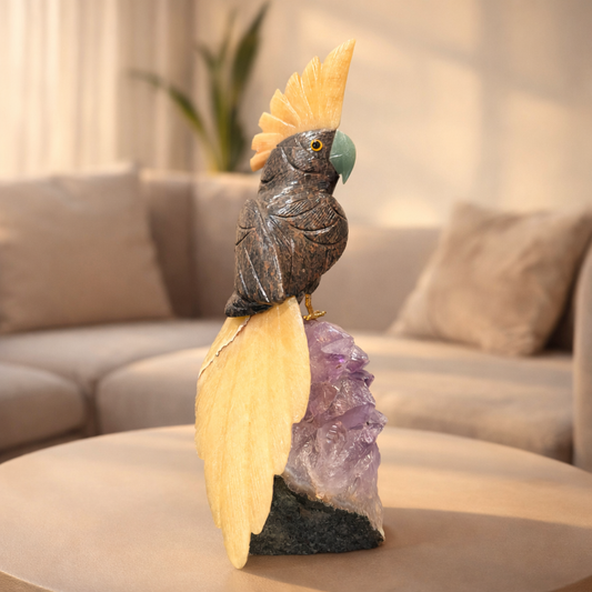 Solvique Black Tourmaline Gemstone Bird – Yellow Calcite Crest Crystal Parrot Décor, Protection & Positivity Symbol (11 Inch, 2 kg)