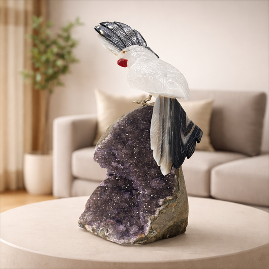 Velmora White Quartz Gemstone Bird – Grey Agate Crown Crystal Parrot Décor, Serenity & Balance Symbol (9 Inch, 1.6 kg)