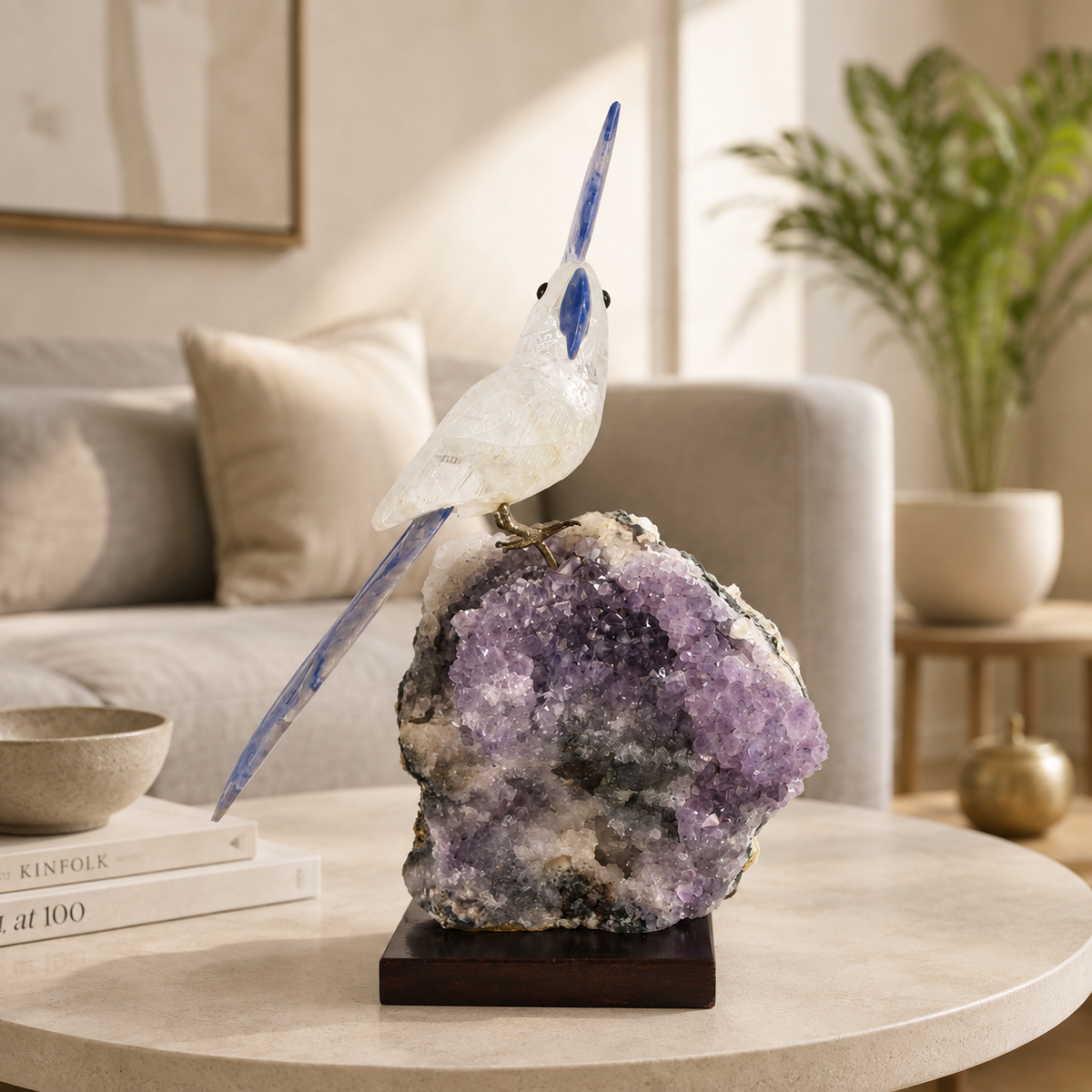 Aurevia Clear Quartz & Lapis Lazuli Gemstone Bird – Amethyst Crystal Parrot Home Décor, Clarity & Wisdom Symbol | 11 Inch, 1.7 kg