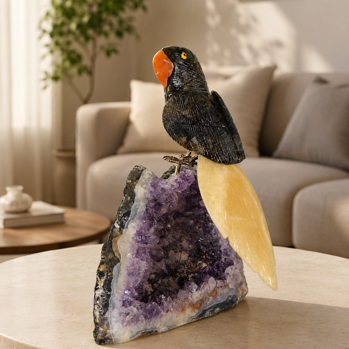 Onyxara Black Tourmaline & Yellow Calcite Gemstone Bird – Amethyst Crystal Parrot Home Décor, Protection & Positivity Symbol