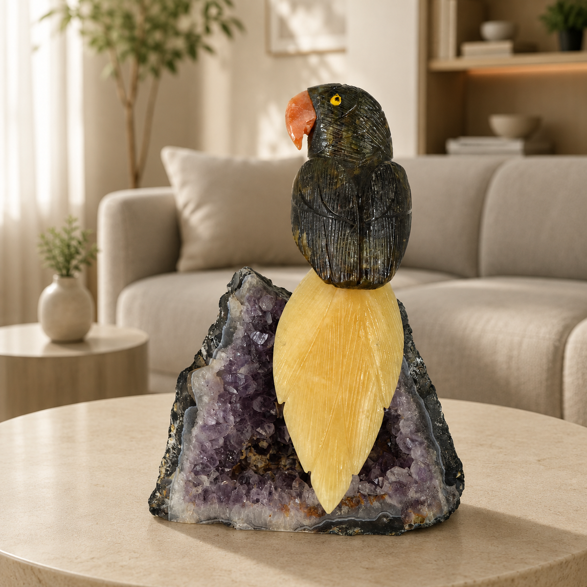 Onyxara Black Tourmaline & Yellow Calcite Gemstone Bird – Amethyst Crystal Parrot Home Décor, Protection & Positivity Symbol