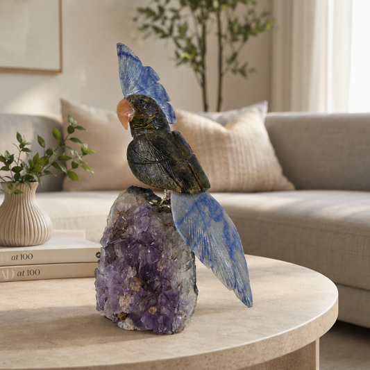 Aurevia Black Tourmaline & Lapis Lazuli Gemstone Bird – Amethyst Crystal Parrot Home Décor, Protection & Wisdom Symbol | 9.5 Inch, 1.3 kg