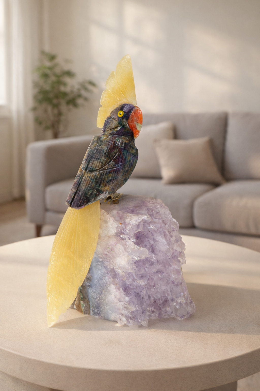 Positive Flow Bird – Ruby Zoisite Yellow Calcite Gemstone Bird – Amethyst Base Home Décor, Growth & Positive Energy Symbol (7 Inch, 780 g)