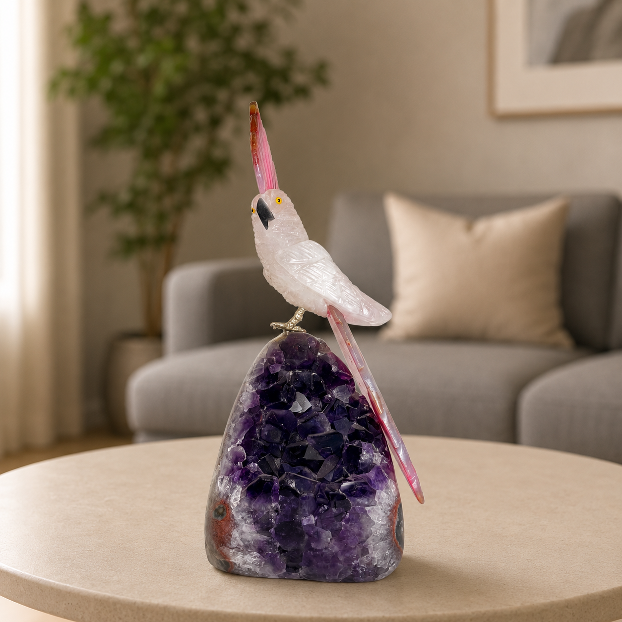 Roselle Amethyst Gemstone Cockatoo – Crystal Bird Home Décor, Love & Grace Symbol | 8 Inch, 954 gm