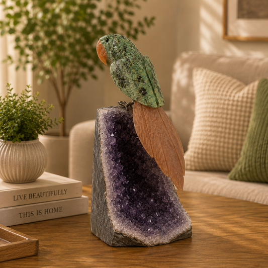 Aureverde Amethyst Gemstone Bird – Prosperity & Positivity Symbol | Home Décor | Green Aventurine & Orange Calcite | 8 Inch, 1.4 kg