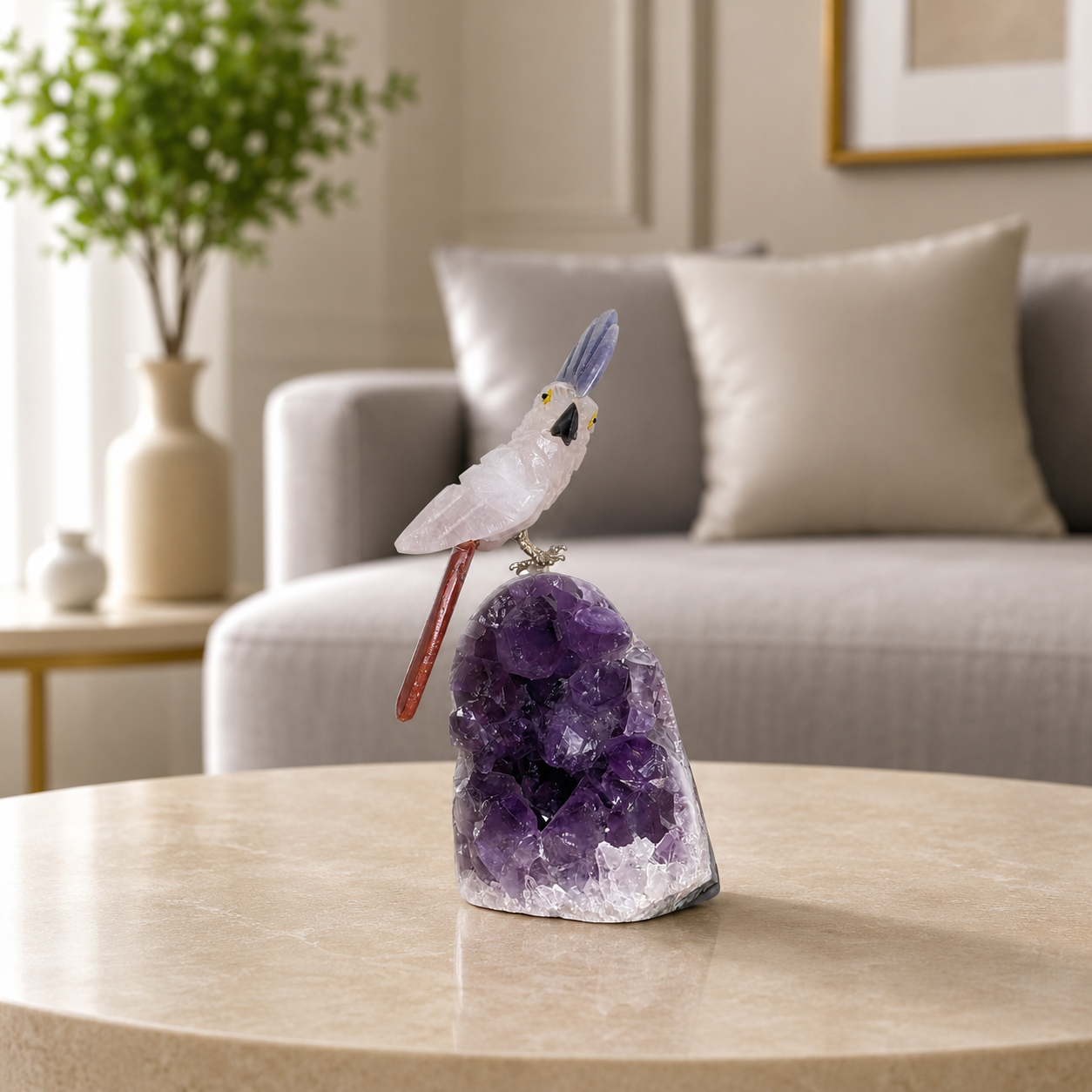 Aurevora Rose Quartz Gemstone Bird – Crystal Cockatoo Home Décor, Love & Vitality Symbol (4.1 Inch, 214 gm)