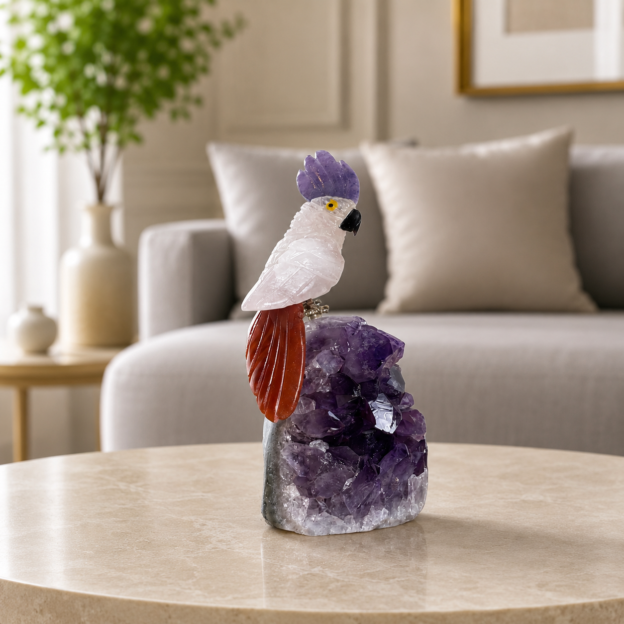 Aurevora Rose Quartz Gemstone Bird – Crystal Cockatoo Home Décor, Love & Vitality Symbol (4.1 Inch, 214 gm)