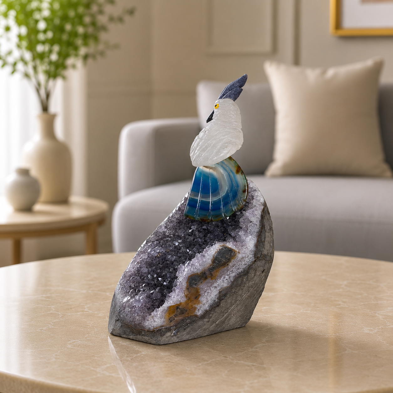 Aurevora White Quartz Gemstone Bird – Crystal Cockatoo Home Décor, Wisdom & Serenity Symbol (4.2 Inch, 284 gm)